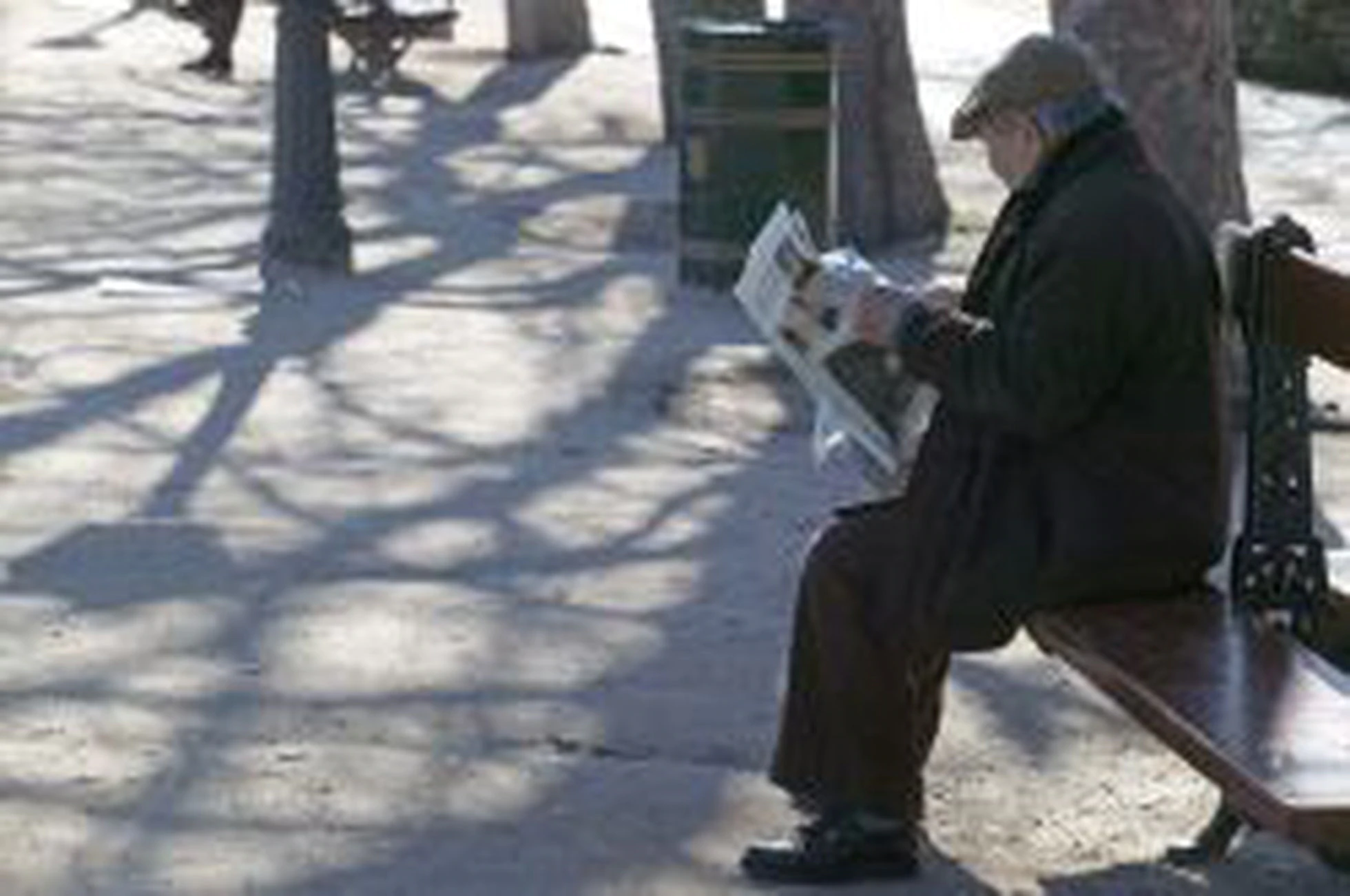 Un anciano lee el peridico en un parque.